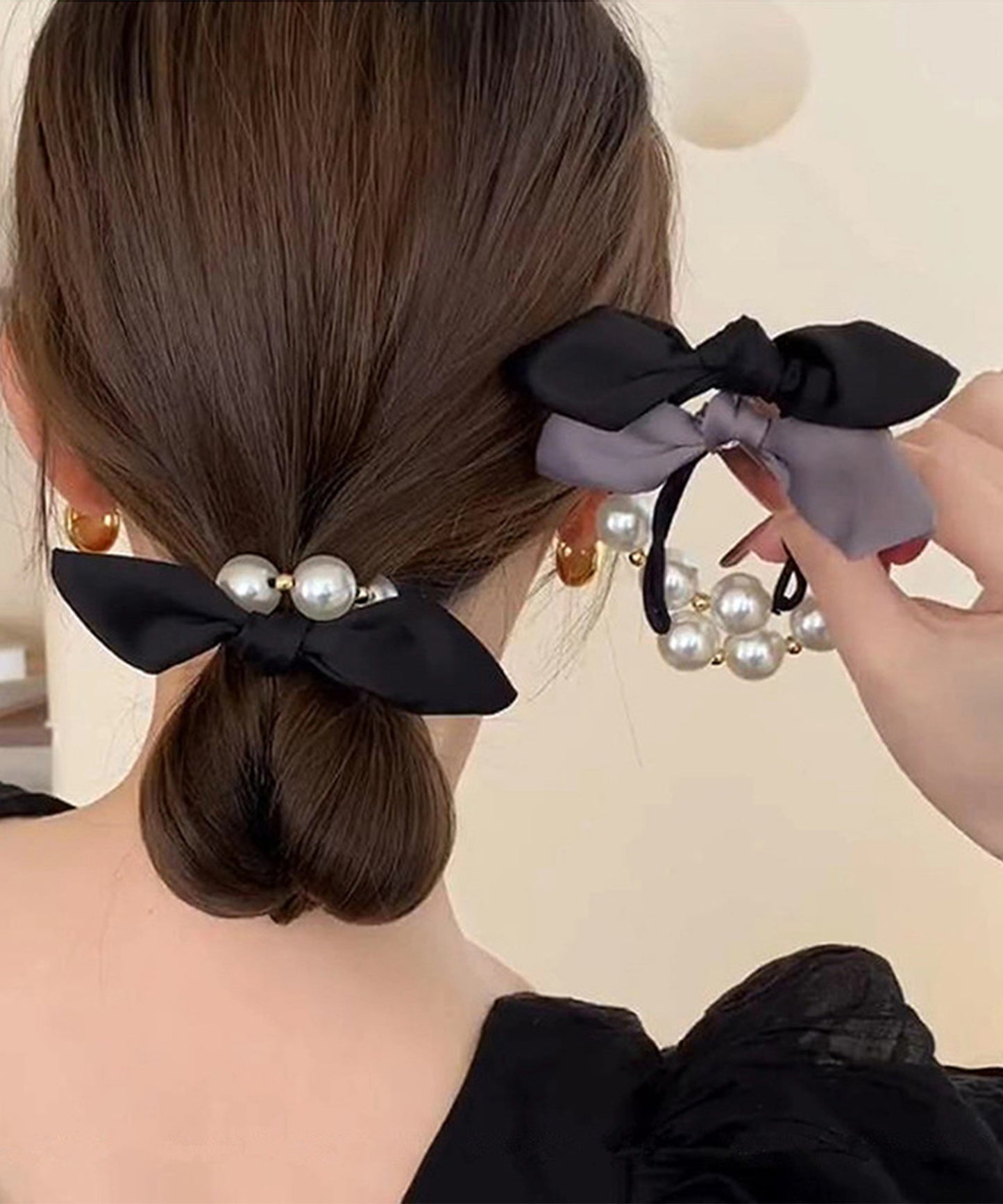 3連 パール ライン リボン ヘアゴム