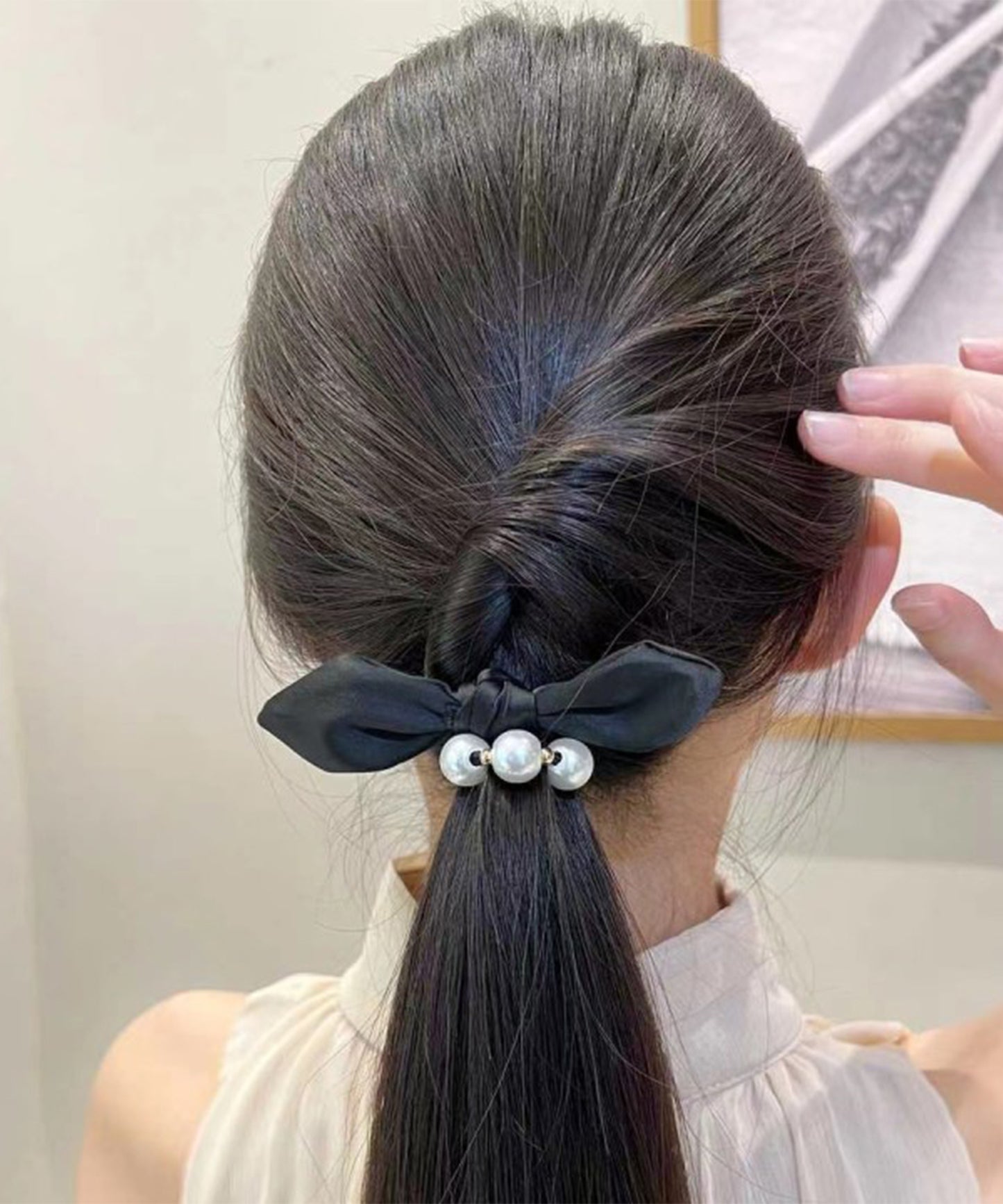3連 パール ライン リボン ヘアゴム
