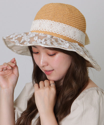 花柄 レース レイヤード リボン ハット