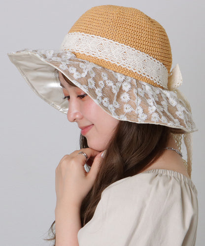 花柄 レース レイヤード リボン ハット