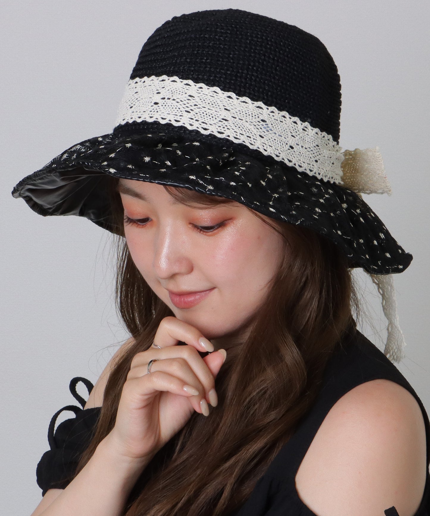 花柄 レース レイヤード リボン ハット