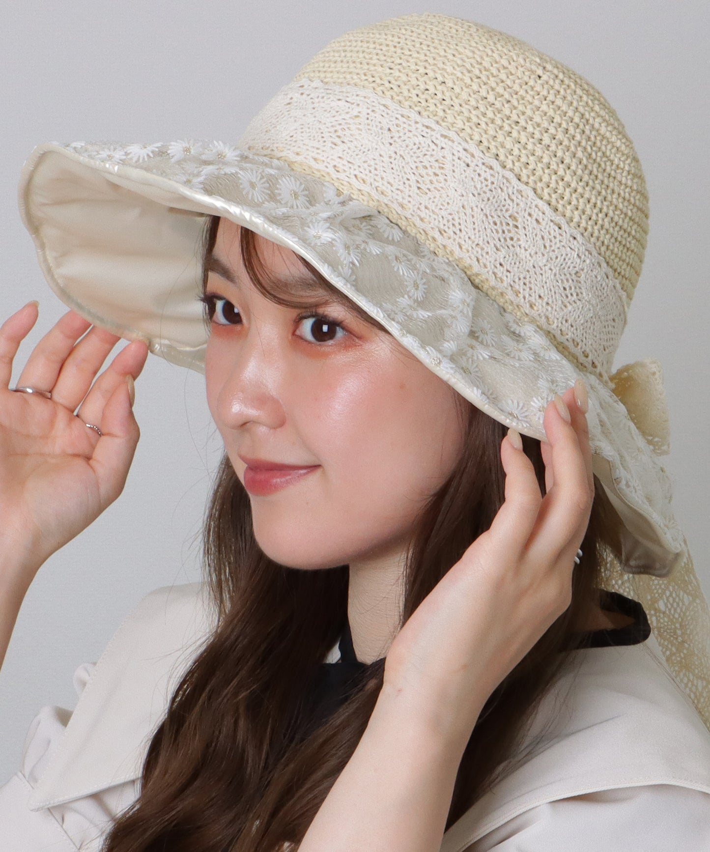 花柄 レース レイヤード リボン ハット