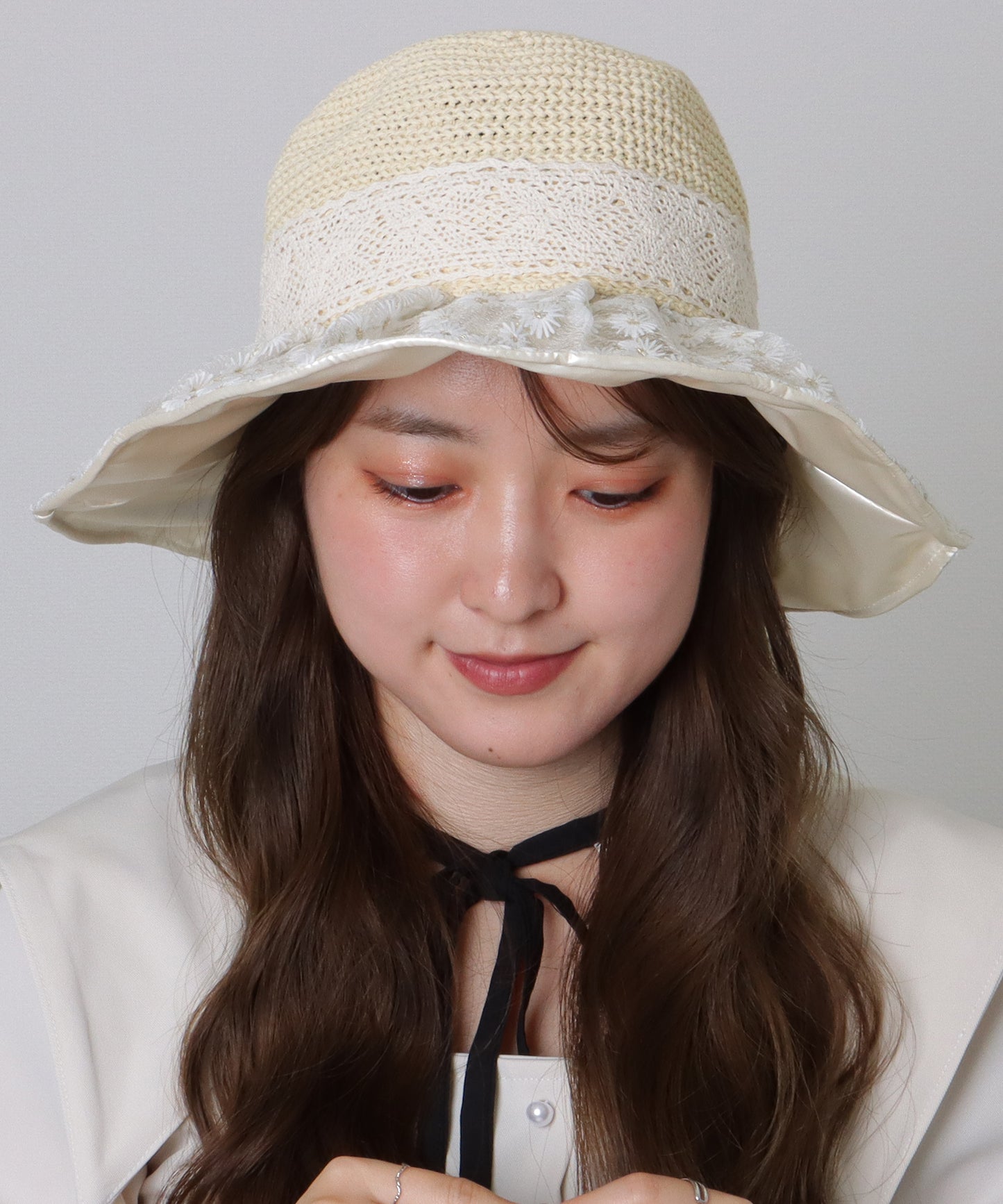 花柄 レース レイヤード リボン ハット