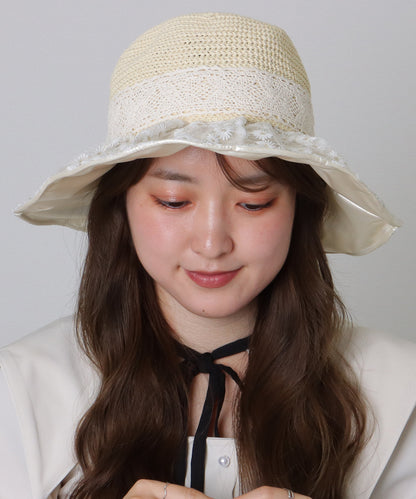 花柄 レース レイヤード リボン ハット