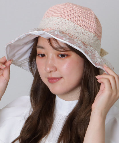花柄 レース レイヤード リボン ハット