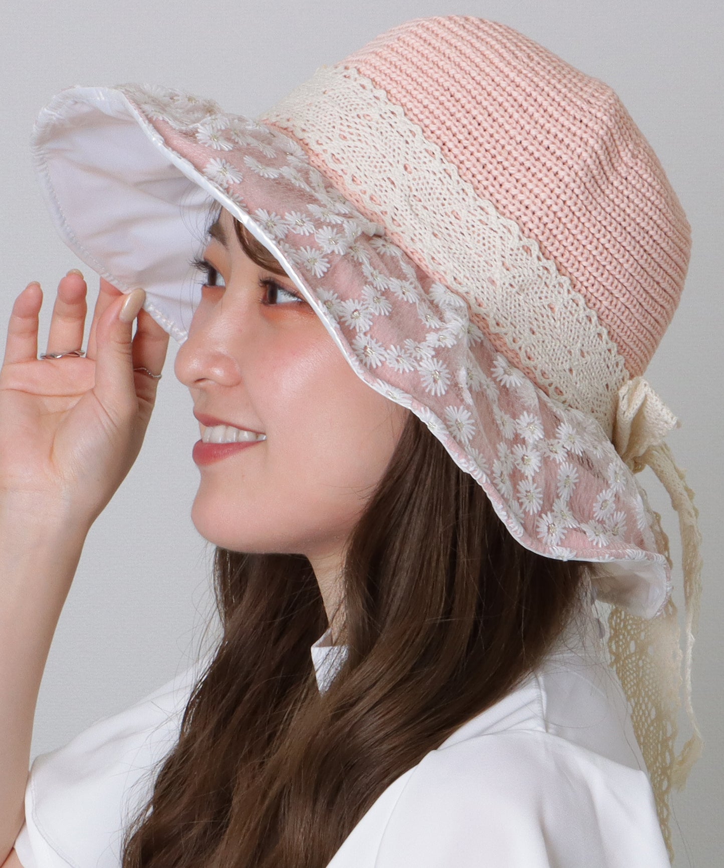 花柄 レース レイヤード リボン ハット