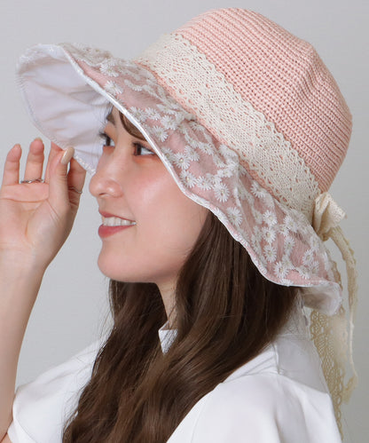花柄 レース レイヤード リボン ハット