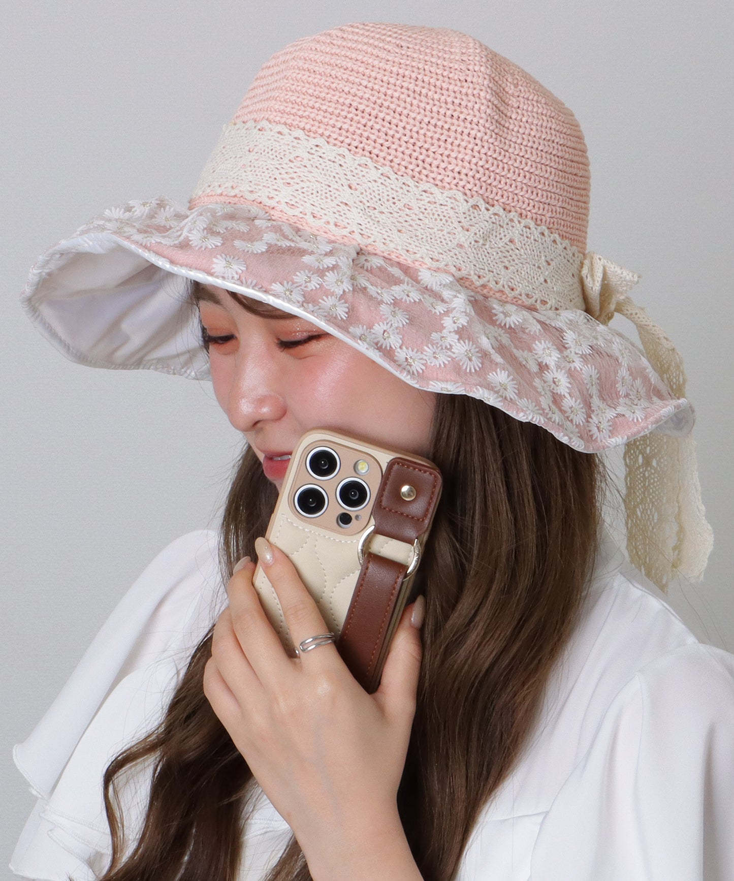 花柄 レース レイヤード リボン ハット