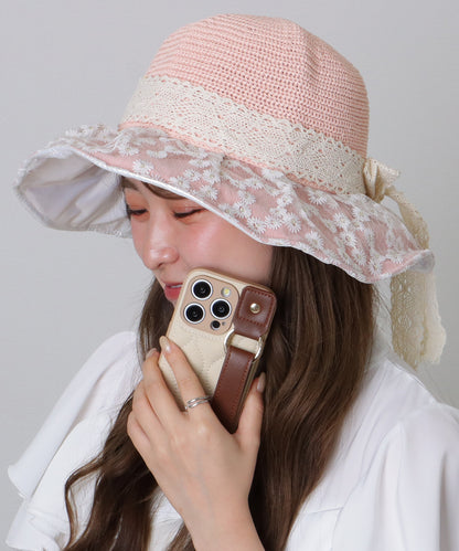 花柄 レース レイヤード リボン ハット