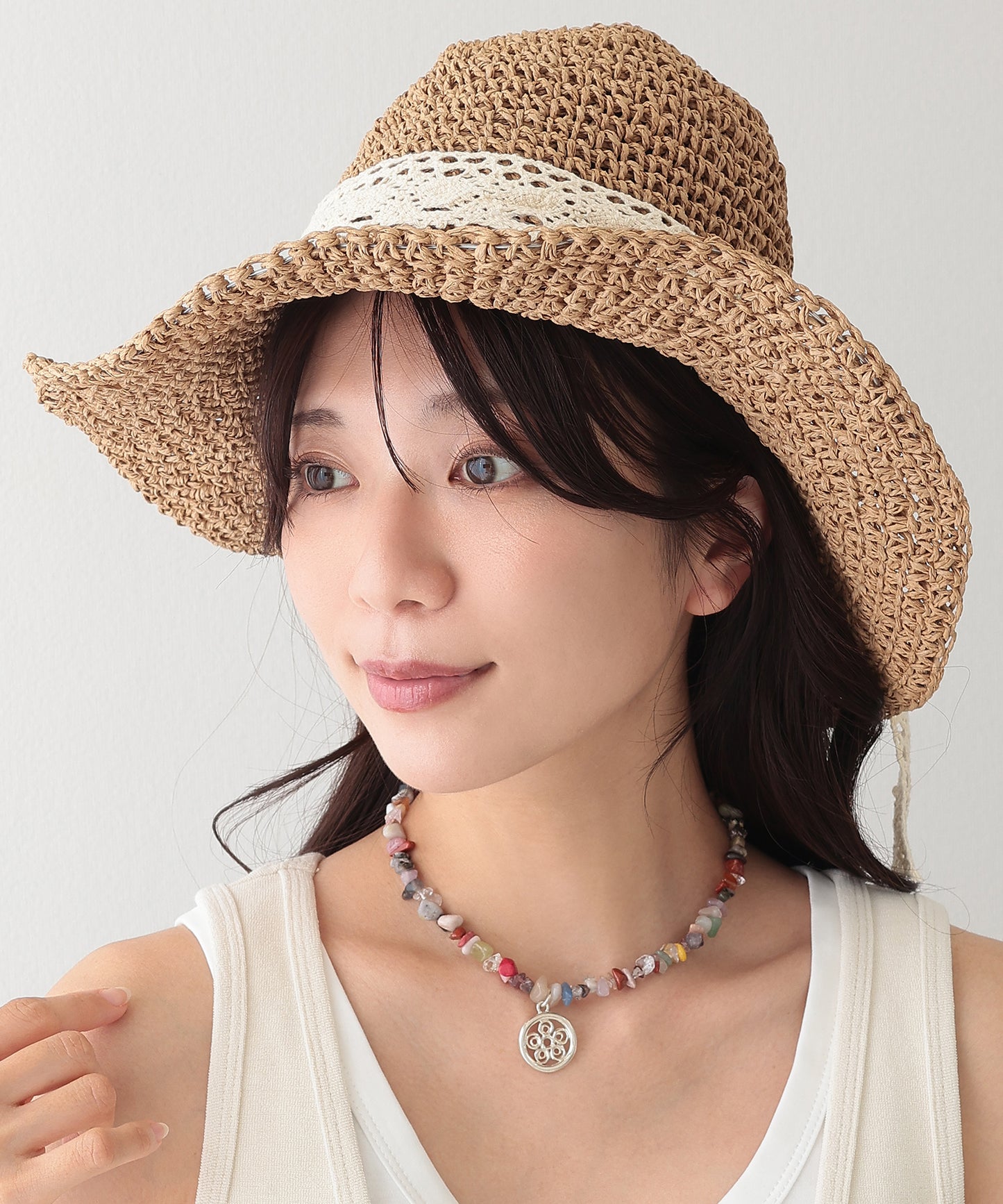 レース リボン付き 麦わら ストロー ハット
