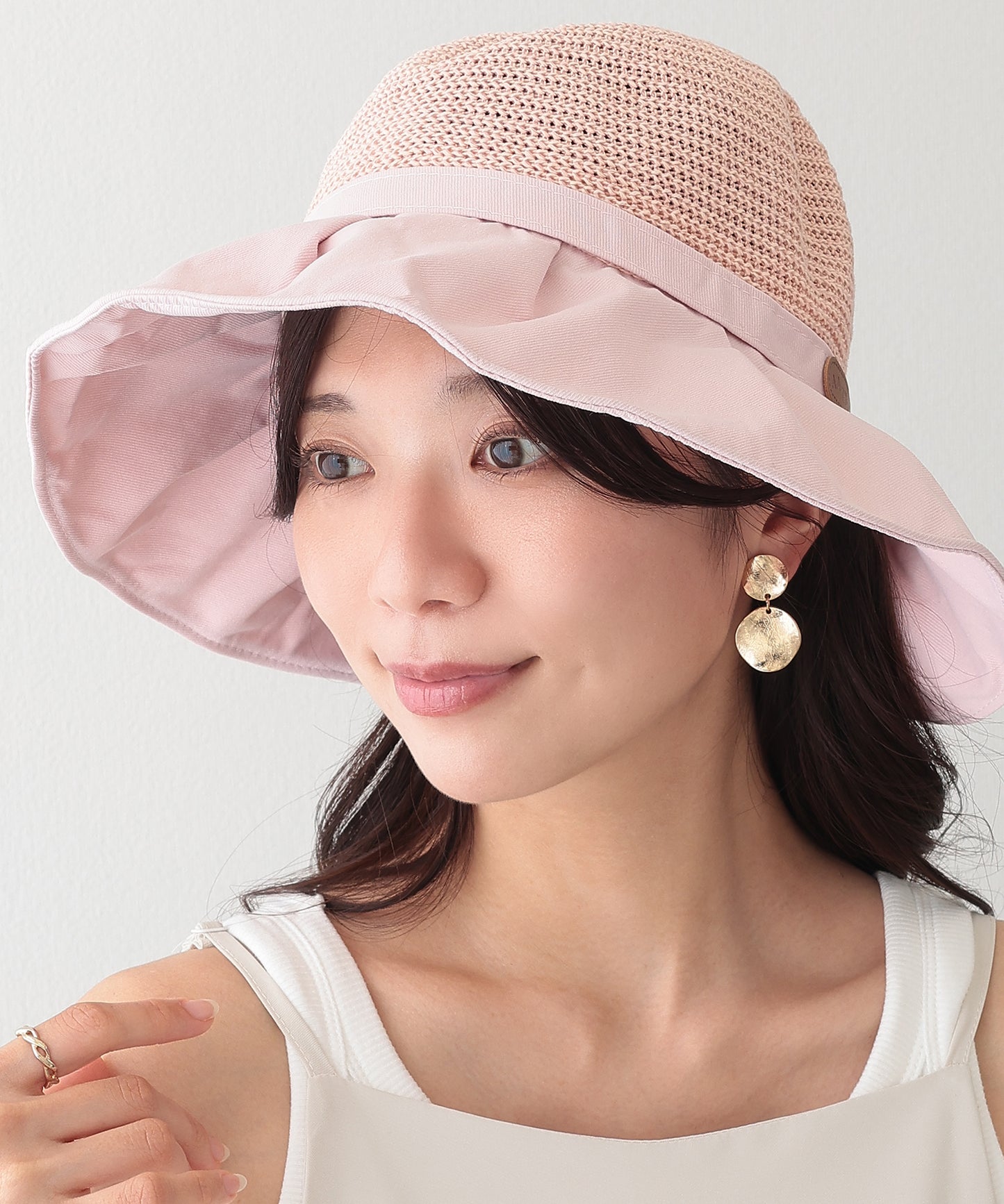 異素材 リボン付き タック ストロー ハット