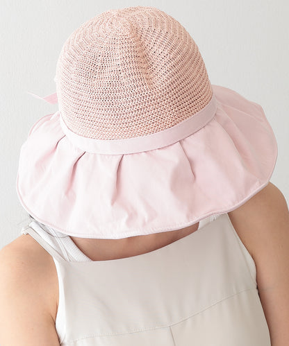 異素材 リボン付き タック ストロー ハット