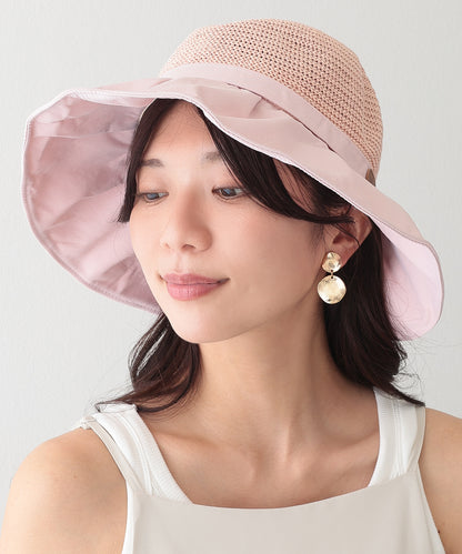 異素材 リボン付き タック ストロー ハット