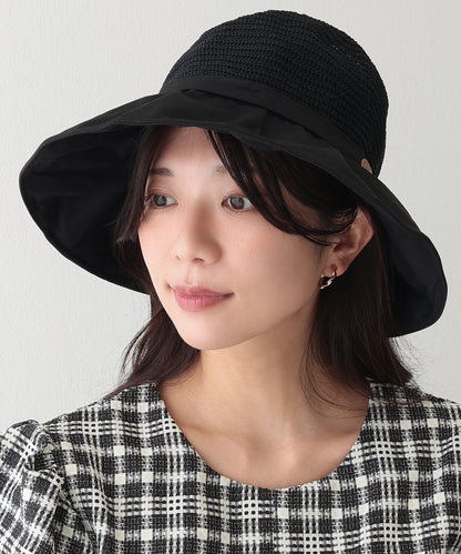 異素材 リボン付き タック ストロー ハット