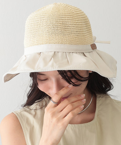 異素材 リボン付き タック ストロー ハット