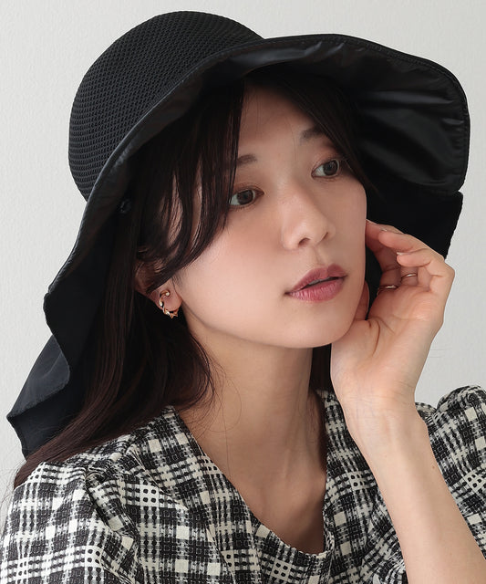 異素材 メッシュ編み バックリボン サンシェード ハット