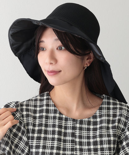 異素材 メッシュ編み バックリボン サンシェード ハット