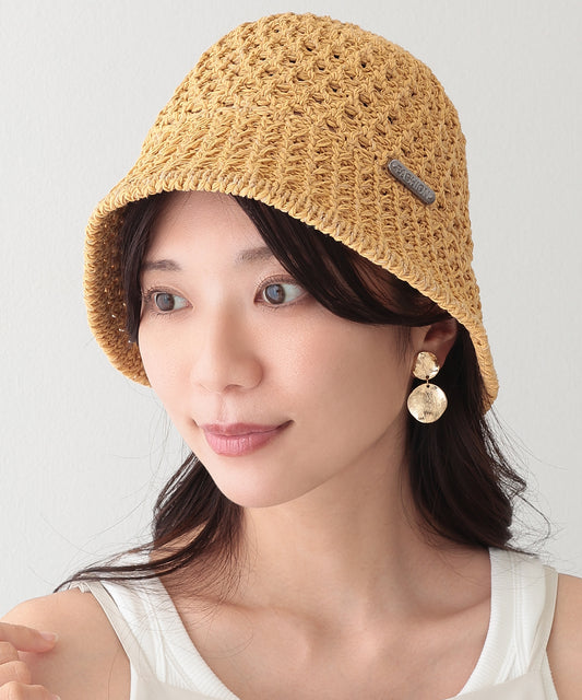 プレート付き ソリッドカラー ニット メッシュ バケットハット