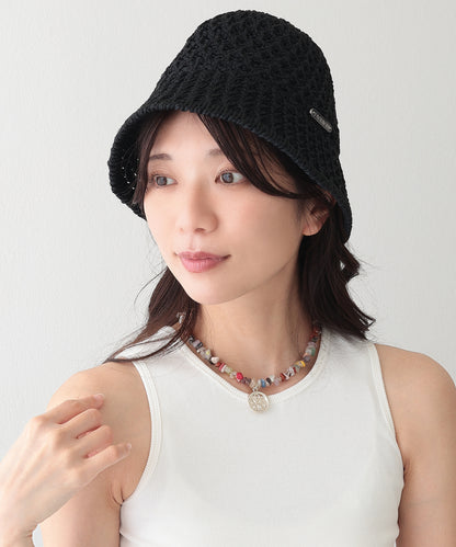 プレート付き ソリッドカラー ニット メッシュ バケットハット