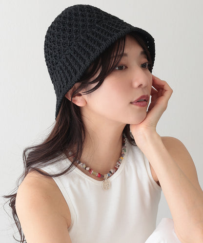 プレート付き ソリッドカラー ニット メッシュ バケットハット