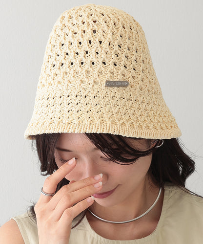 プレート付き ソリッドカラー ニット メッシュ バケットハット