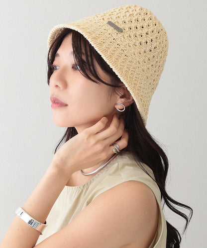 プレート付き ソリッドカラー ニット メッシュ バケットハット