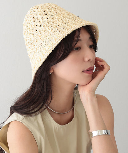 プレート付き ソリッドカラー ニット メッシュ バケットハット