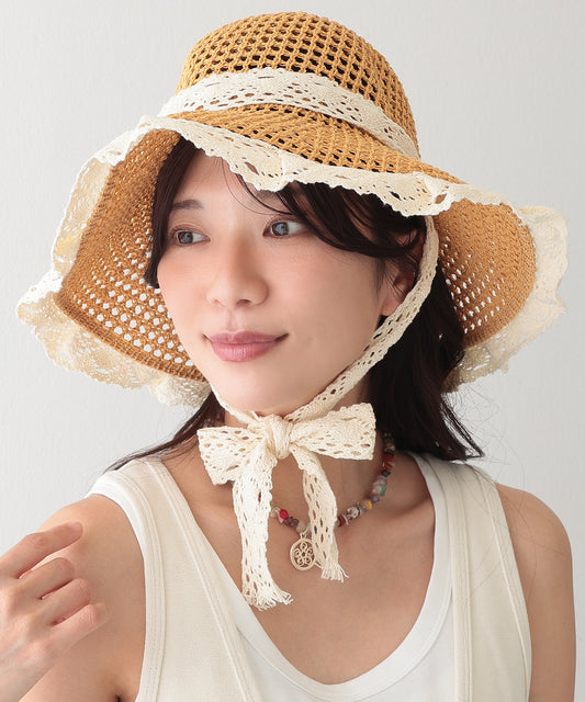 レース リボン メッシュ ビッグ ハット
