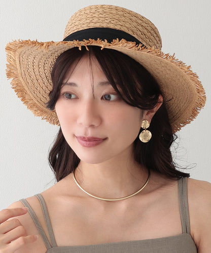配色 ロング リボン付き ストロー ハット