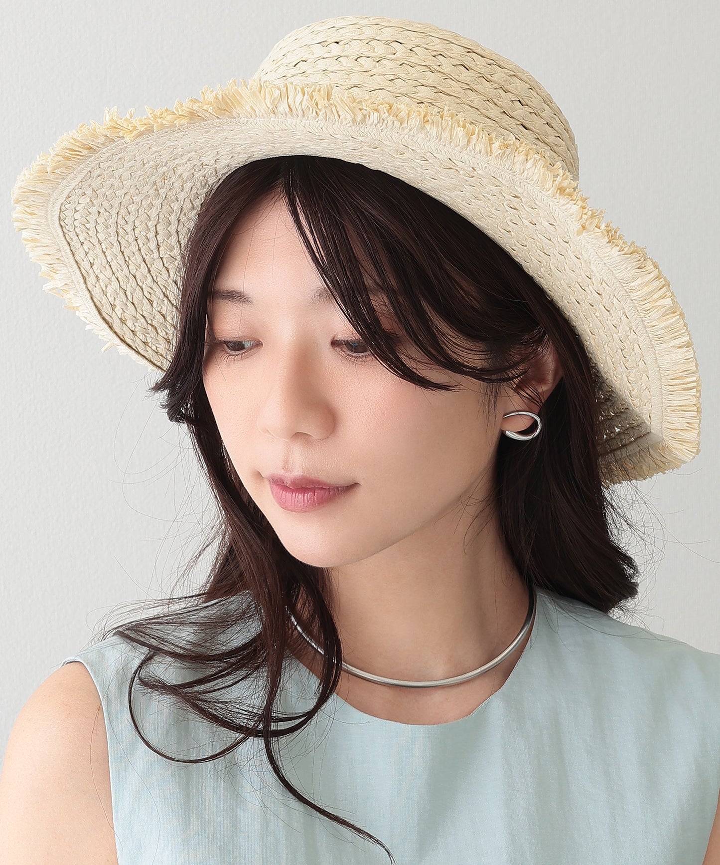 配色 ロング リボン付き ストロー ハット
