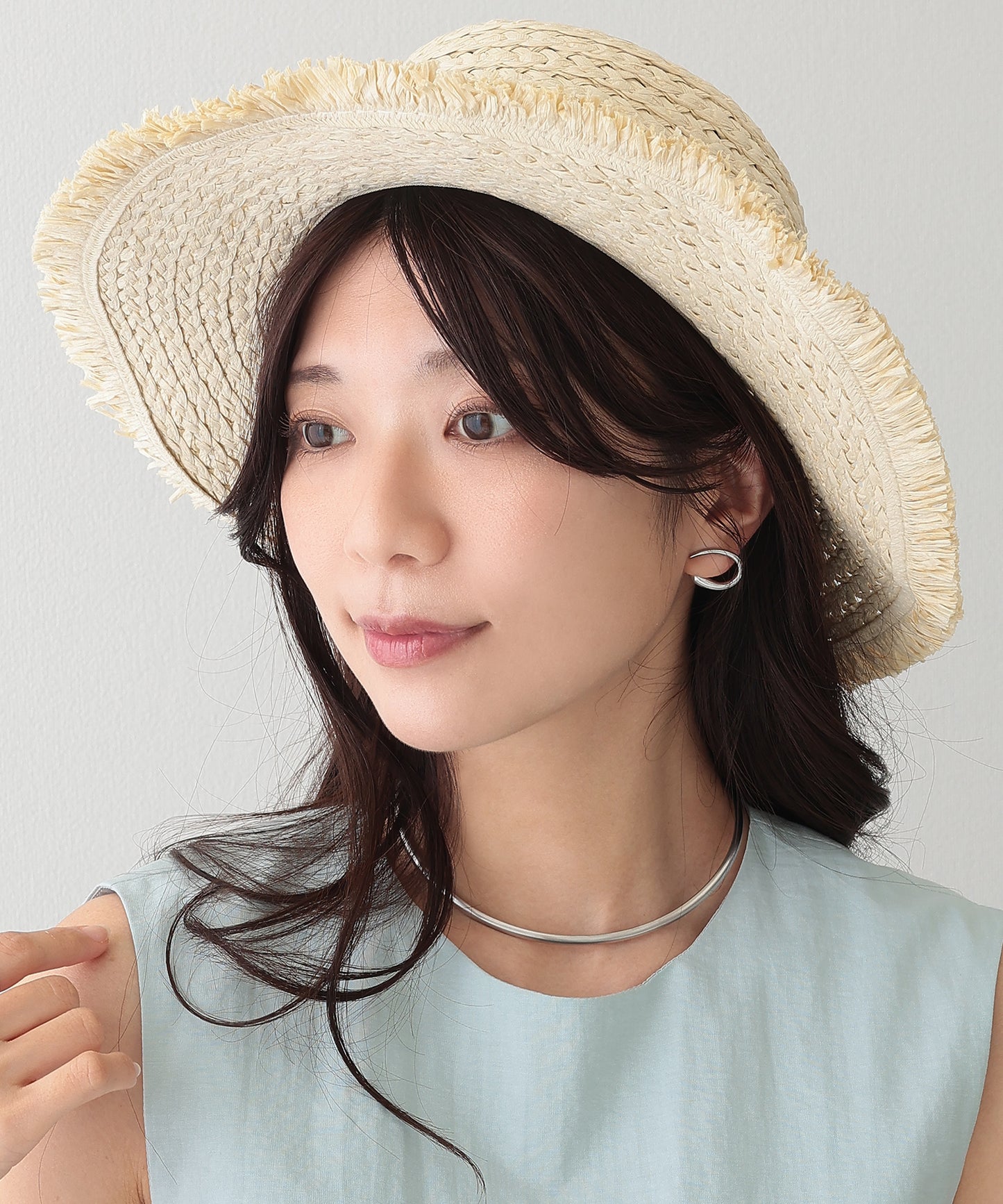 配色 ロング リボン付き ストロー ハット