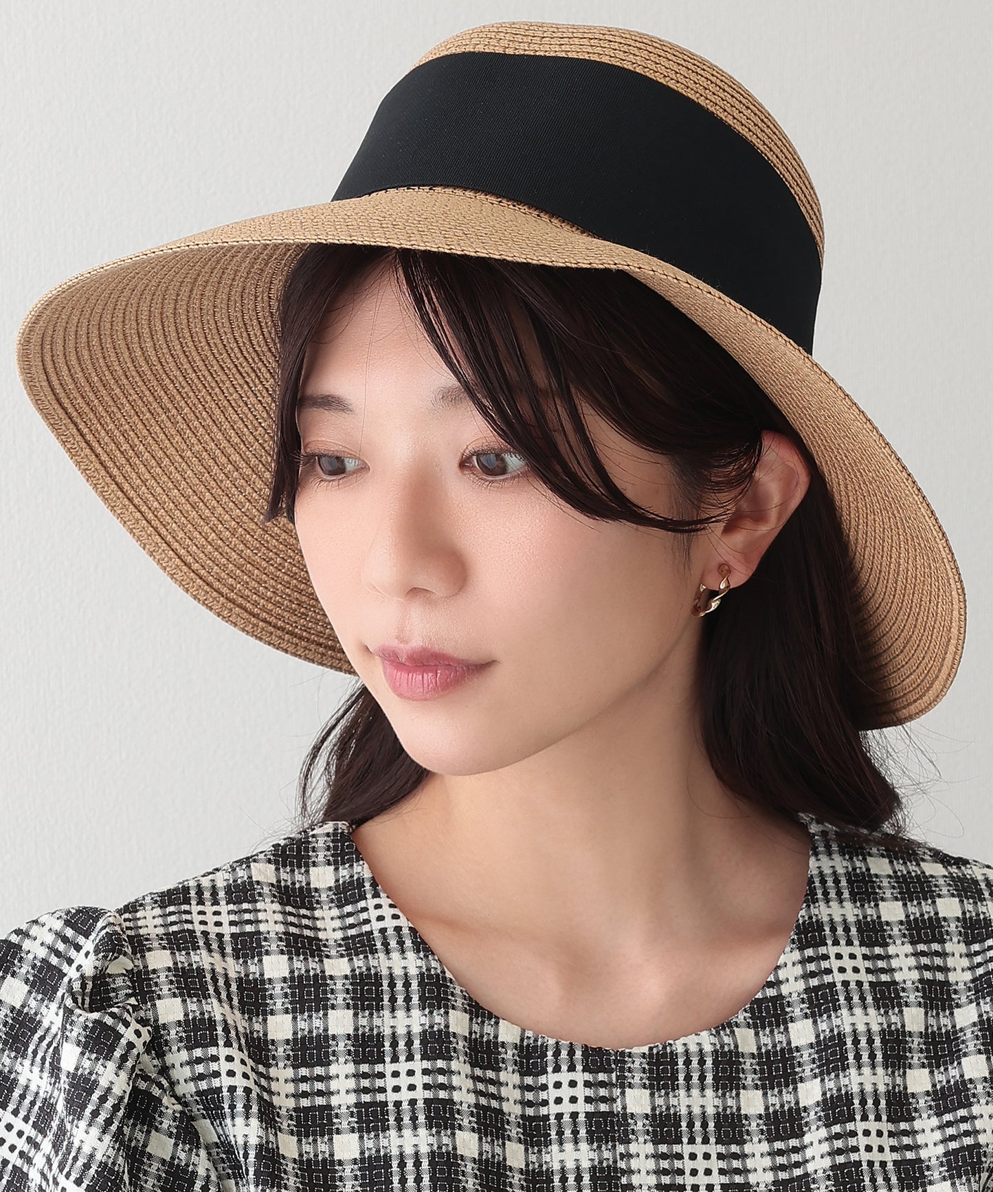 配色 リボン ビッグ ストロー ハット
