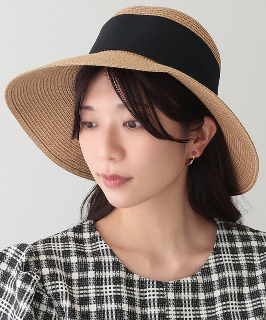 配色 リボン ビッグ ストロー ハット