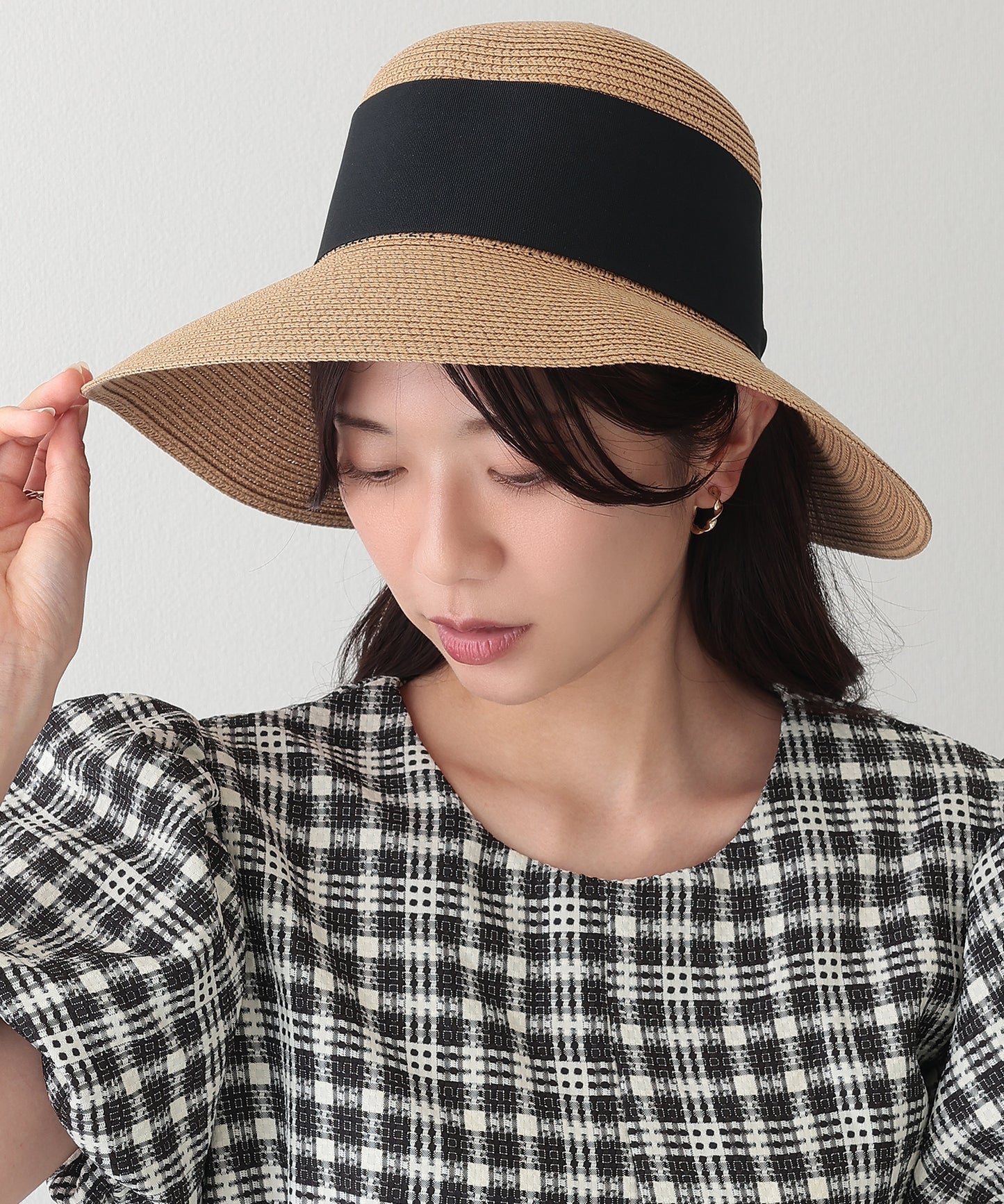 配色 リボン ビッグ ストロー ハット