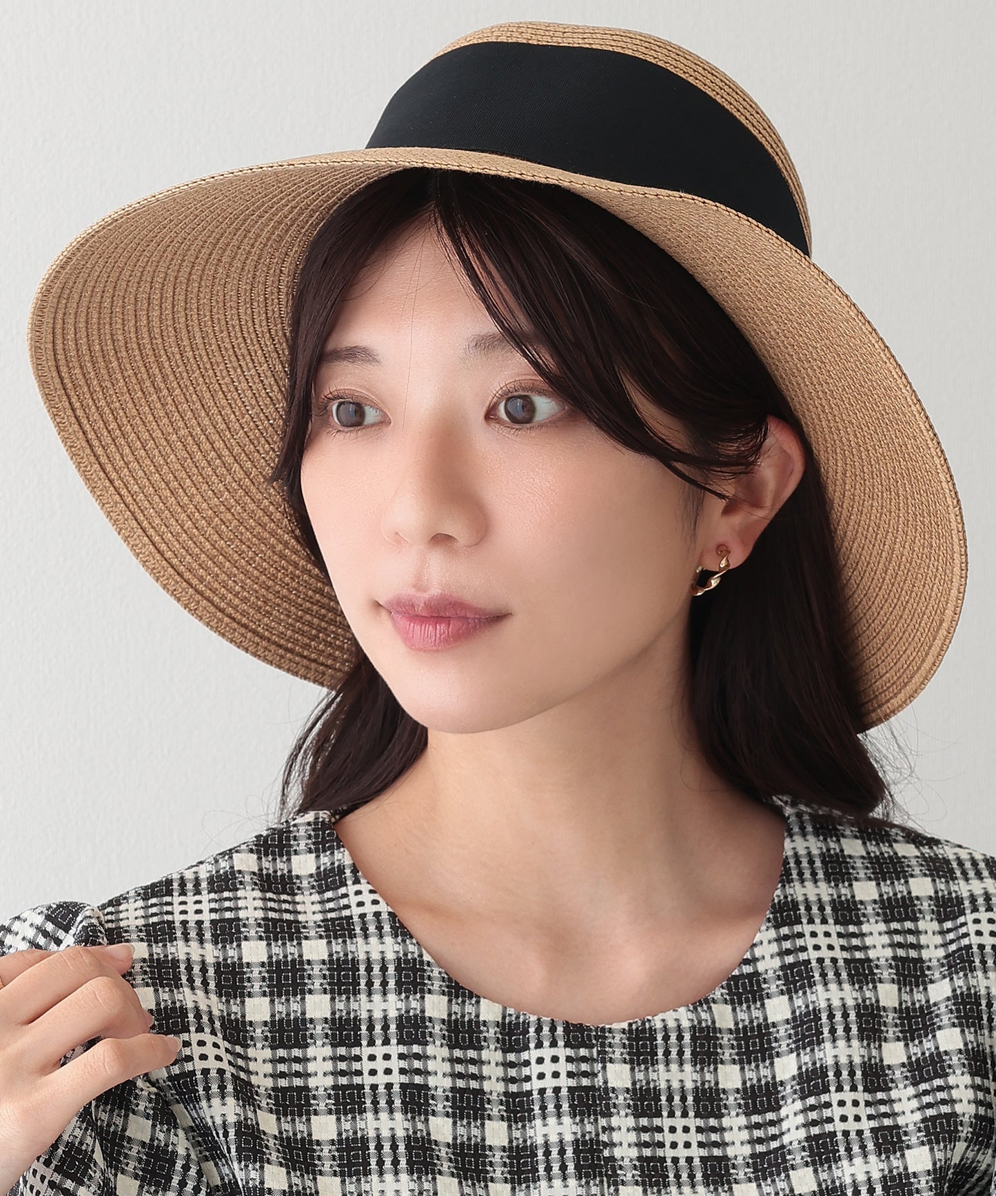 配色 リボン ビッグ ストロー ハット