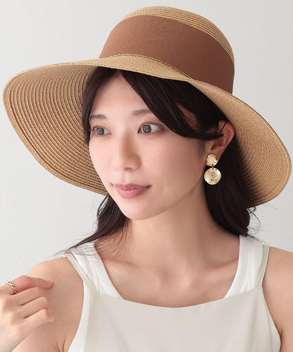 配色 リボン ビッグ ストロー ハット