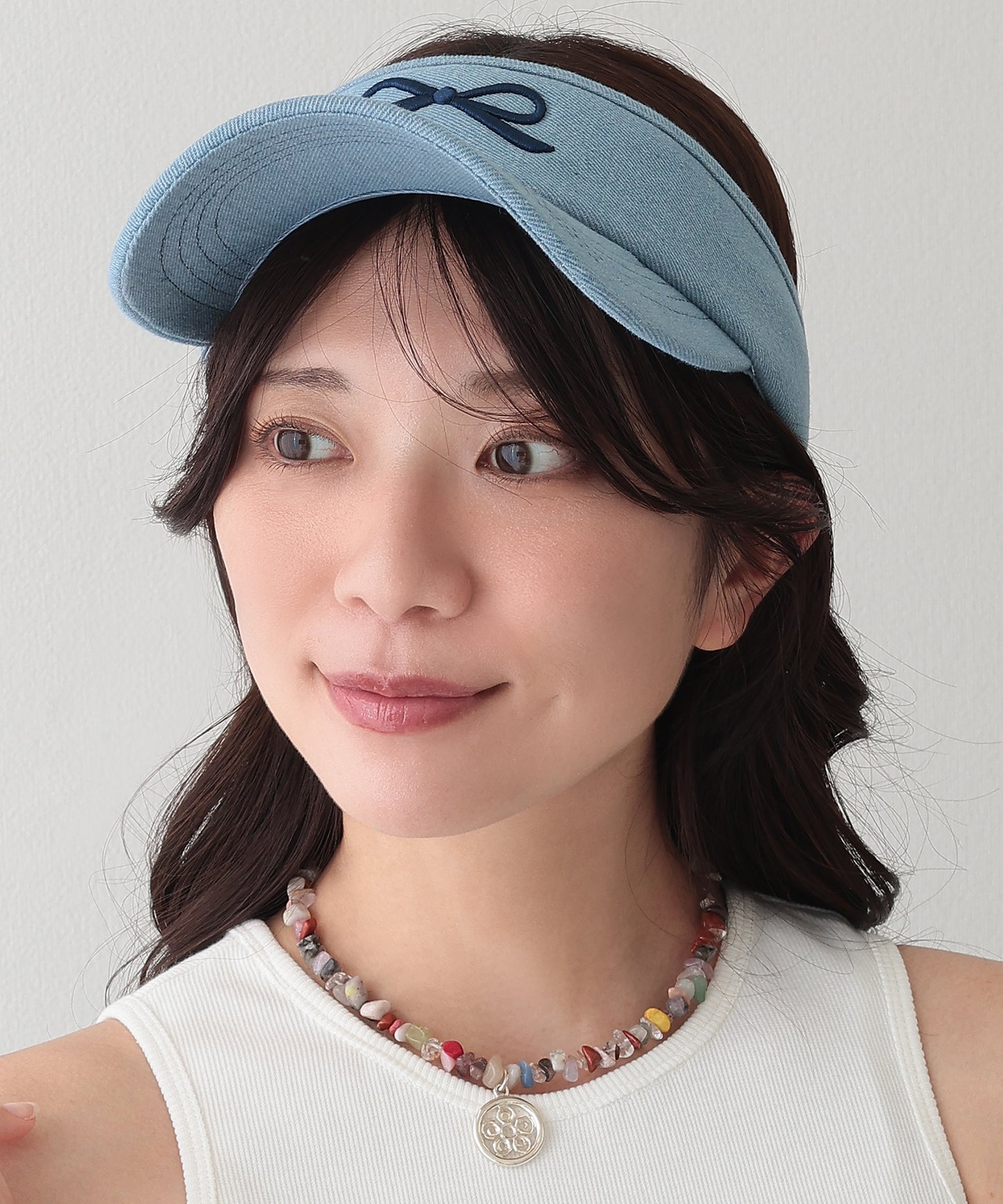リボン 刺繍 デニム サンバイザー キャップ