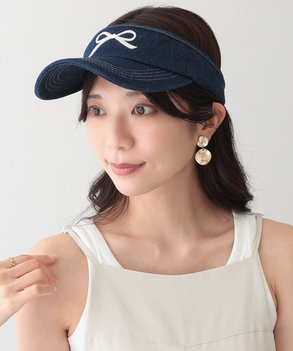 リボン 刺繍 デニム サンバイザー キャップ