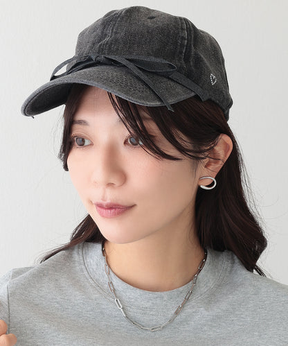 リボン付き プチ ハート デニム ベースボール キャップ