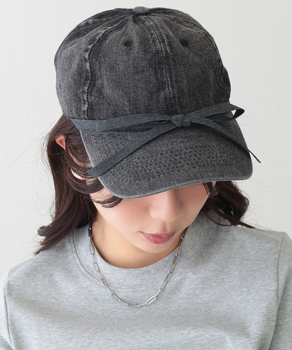 リボン付き プチ ハート デニム ベースボール キャップ