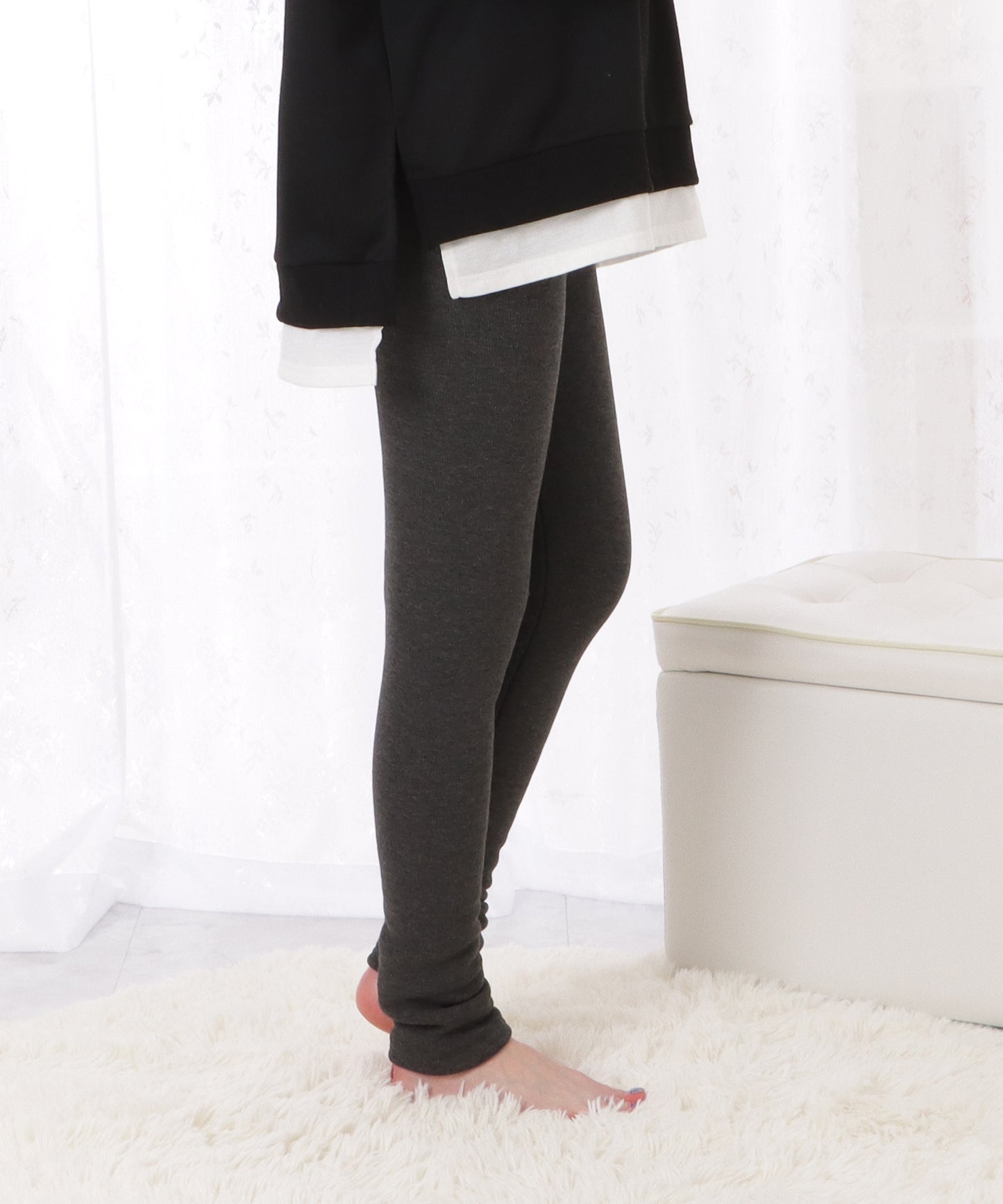 裏起毛細見えリブカラー10分丈レギンス