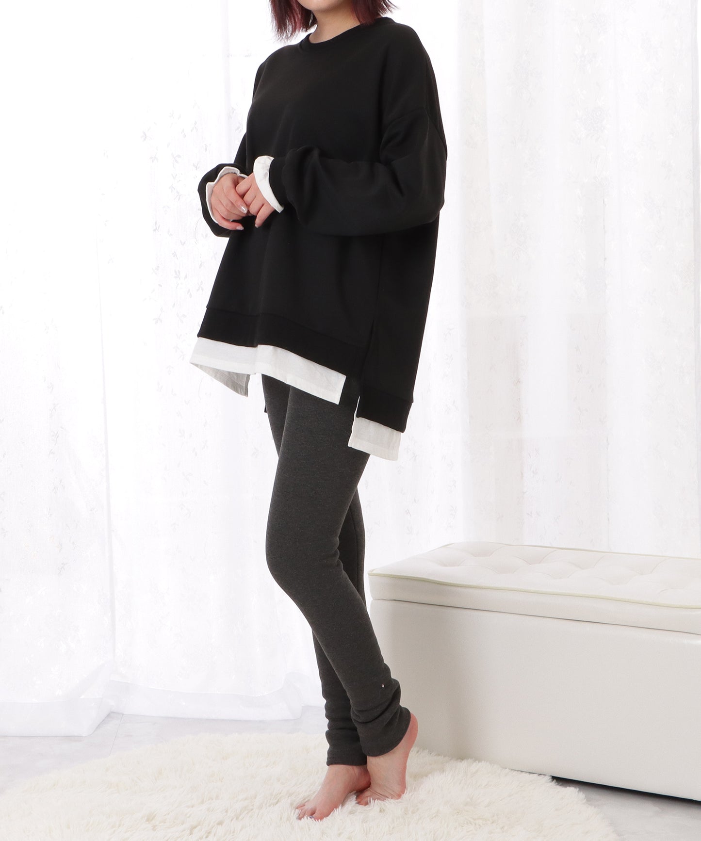 裏起毛細見えリブカラー10分丈レギンス