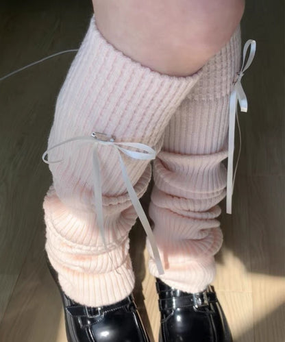 ソリッドカラー リボン付き ニット レッグ カバー