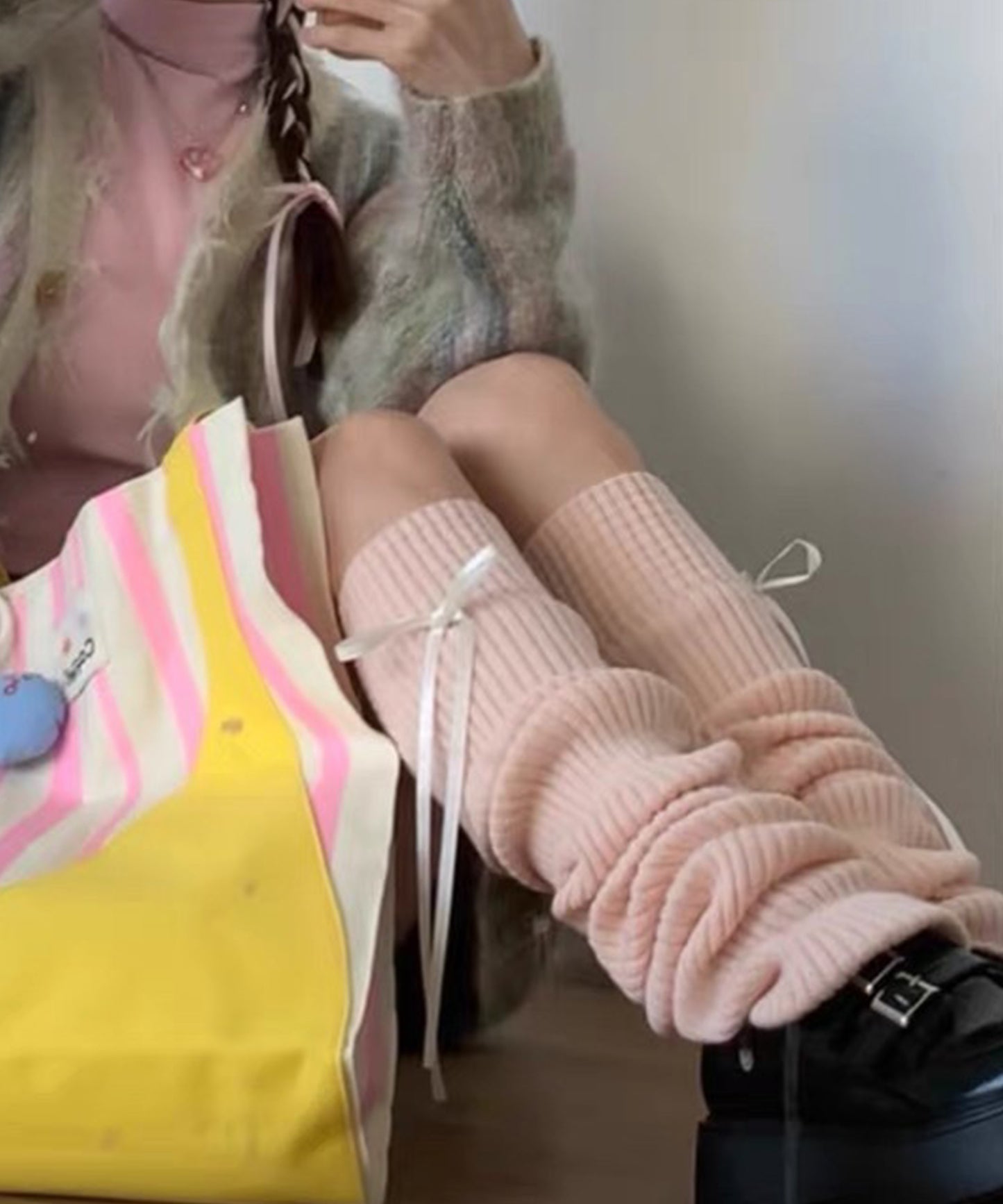 ソリッドカラー リボン付き ニット レッグ カバー