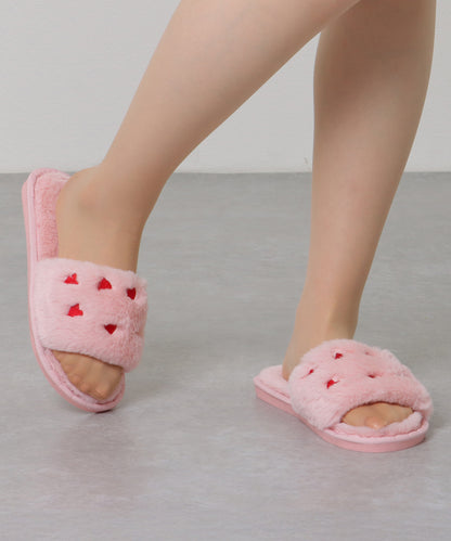ハート 刺繍 オープン ファー スリッパ
