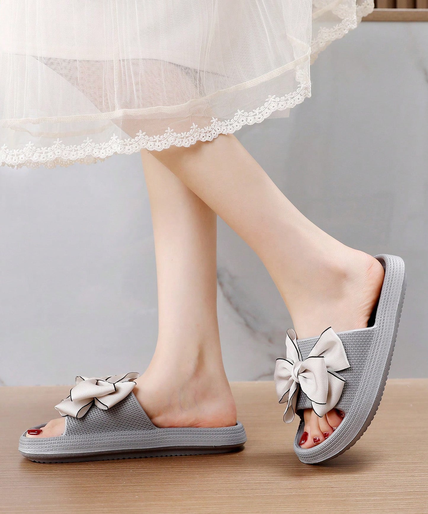 配色 ビッグ リボン スライド フラット サンダル