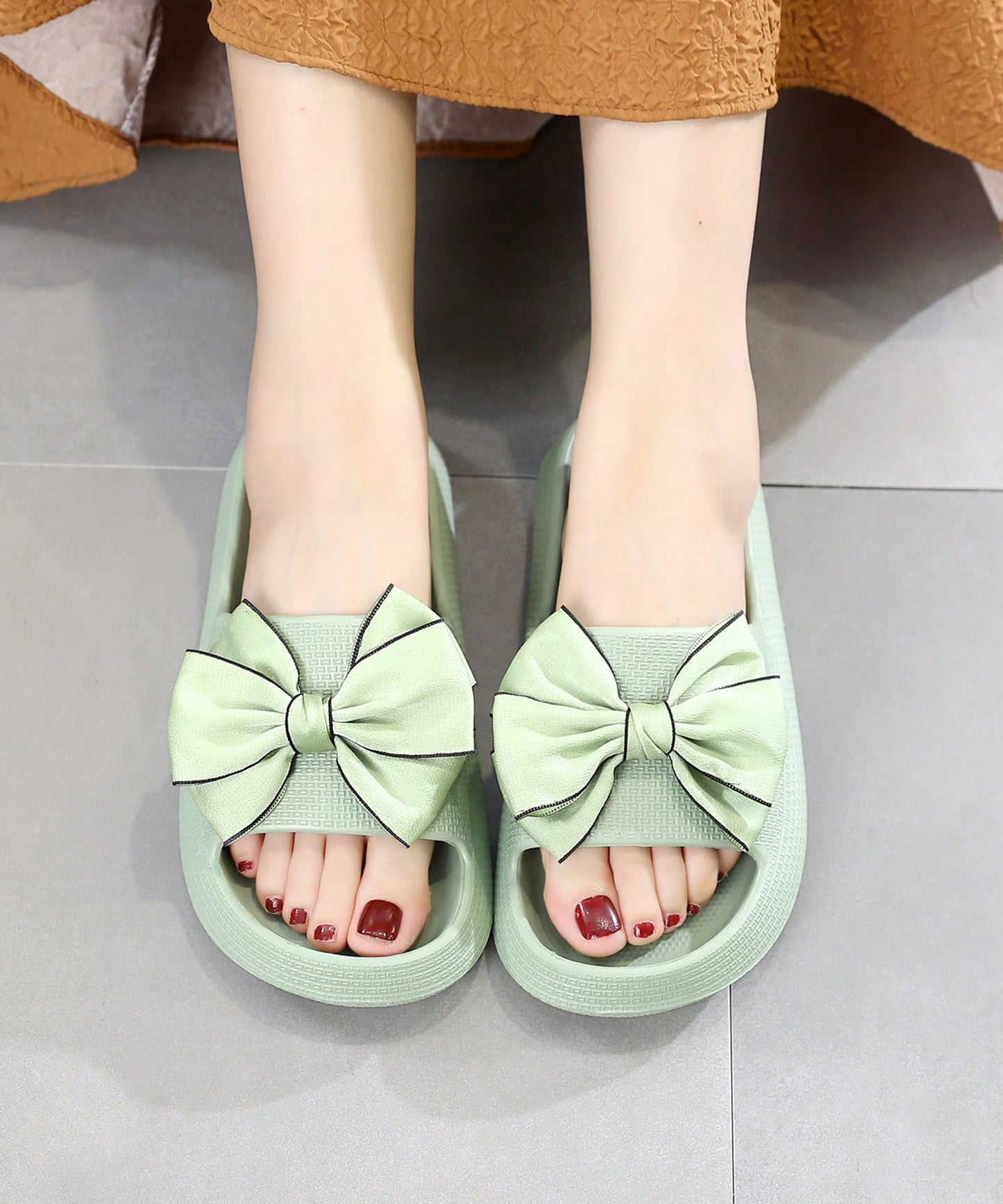 配色 ビッグ リボン スライド フラット サンダル