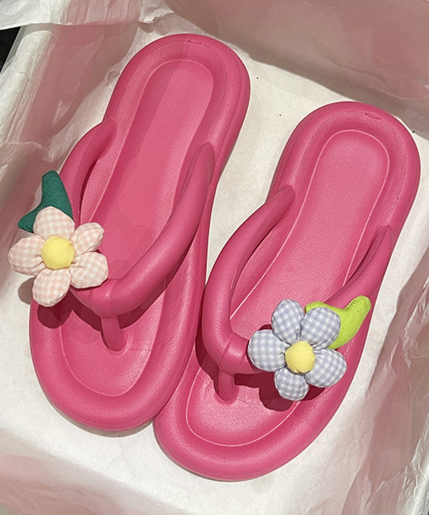 チェック フラワーモチーフ EVA チューブ トング サンダル