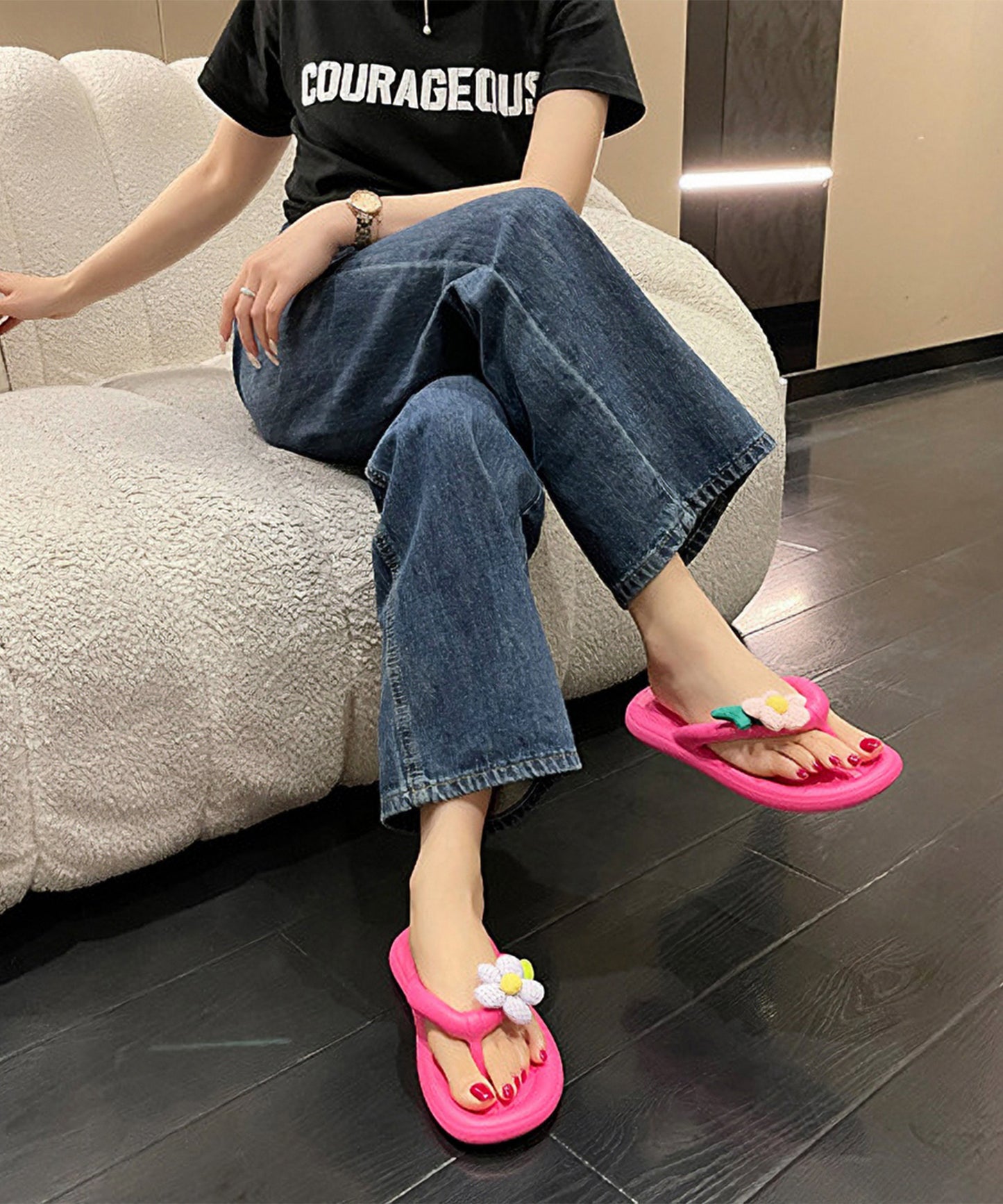 チェック フラワーモチーフ EVA チューブ トング サンダル