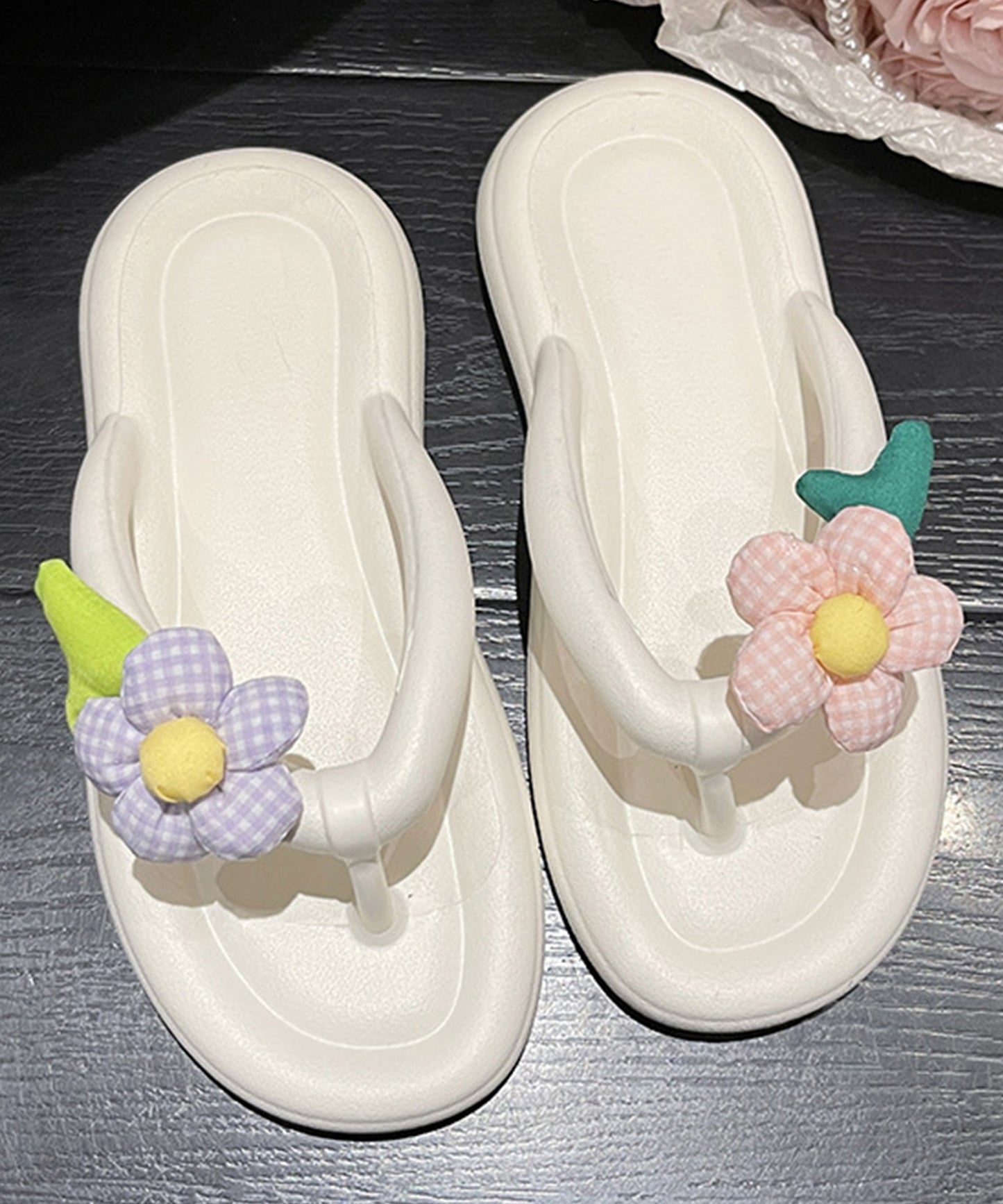 チェック フラワーモチーフ EVA チューブ トング サンダル